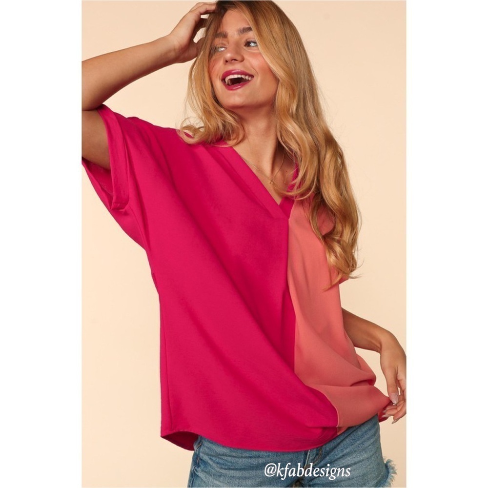 LAST! OVERSIZED V Neck Color Block Pink/Orange Oversized Woven Top! - Picture 3 of 6